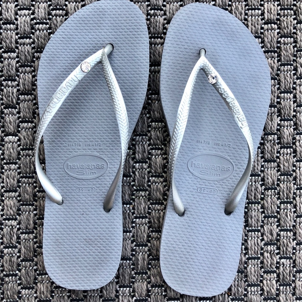 Havaianas Grey & Silver Flip Flops With Crystal